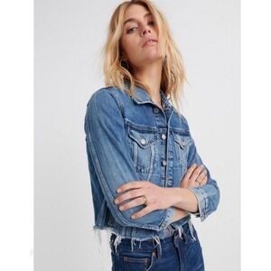 Lucky Brand Cropped Denim Tomboy Trucker Jacket With Raw Hem Size L Lightweight